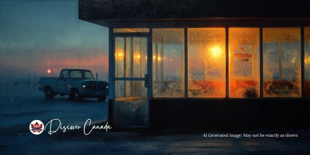 Pickup truck outside a small prairie café at dawn, warm light glowing through frosted windows. Pickup truck outside a small prairie café at dawn, warm light glowing through frosted windows.