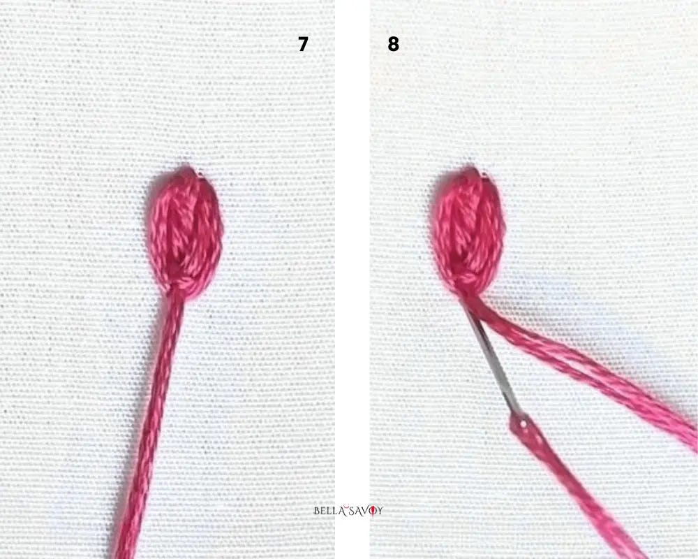 oyster stitch in its last steps with last stitch tying down the stitch