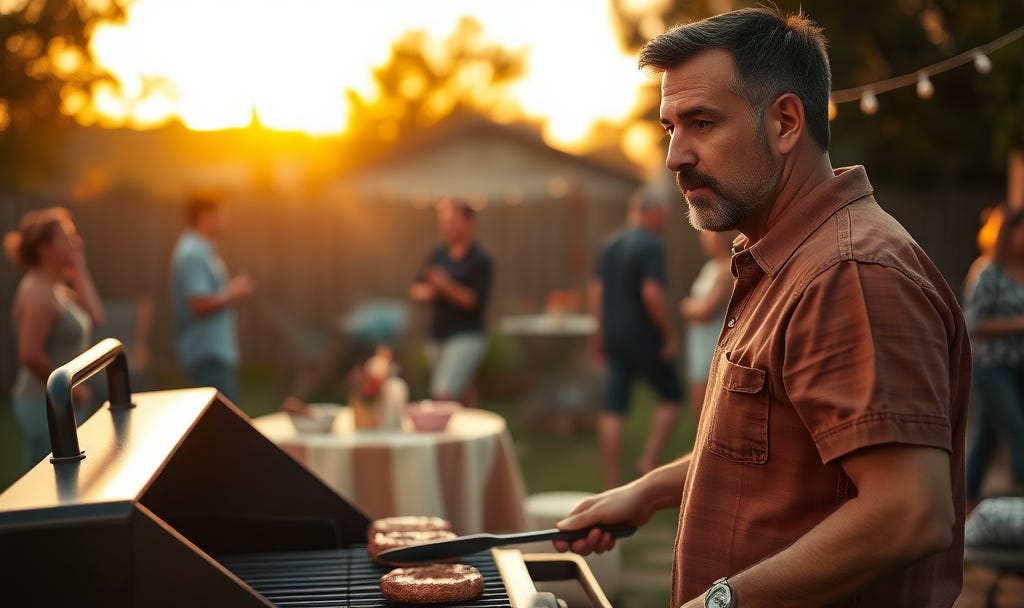A reflective man at a backyard barbecue symbolizing male loneliness, modern masculinity, and the search for strength with heart. A reflective man at a backyard barbecue symbolizing male loneliness, modern masculinity, and the search for strength with heart.