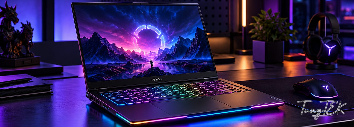 Hình minh họa AI — góc làm việc với Legion Pro 7 và hệ thống đèn RGB.