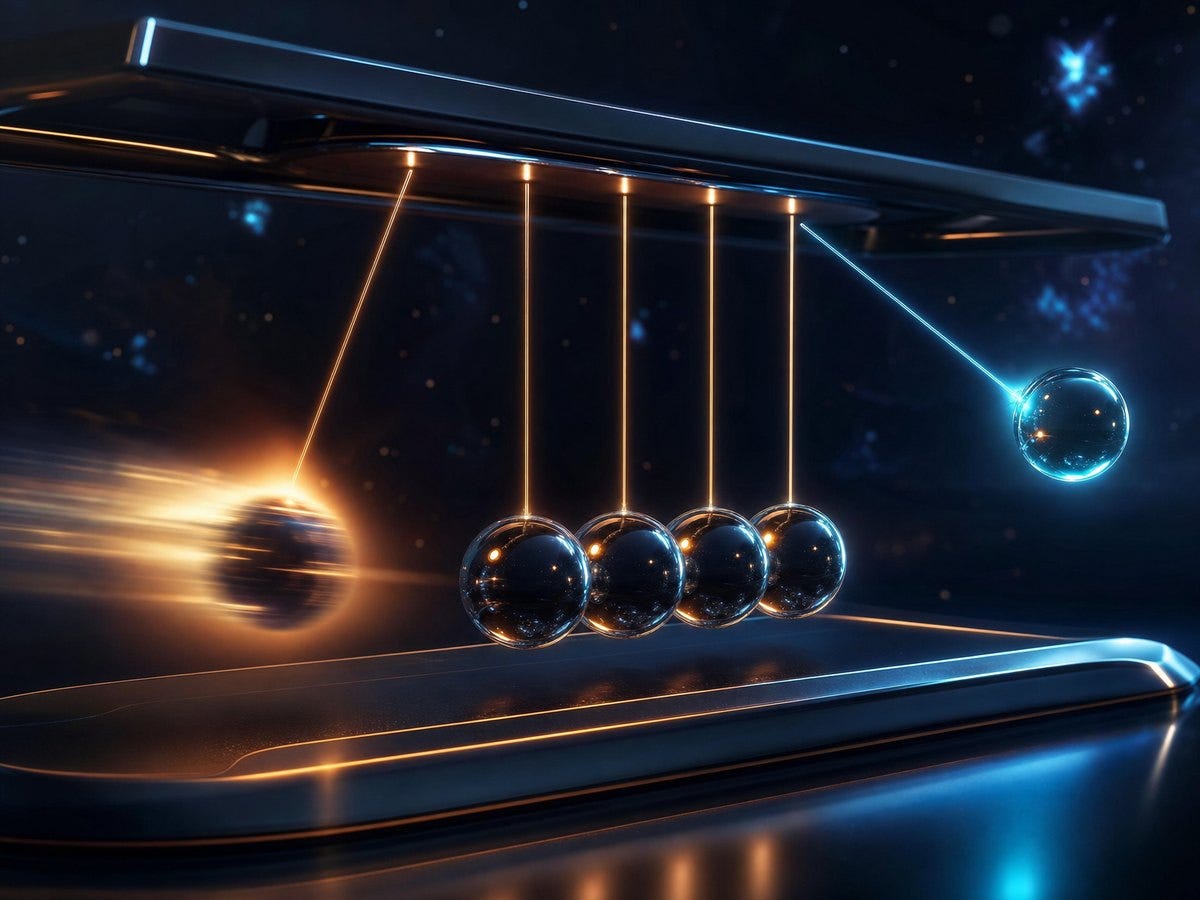 A Newton's cradle mid-swing, one ball leaving as one ball arrives