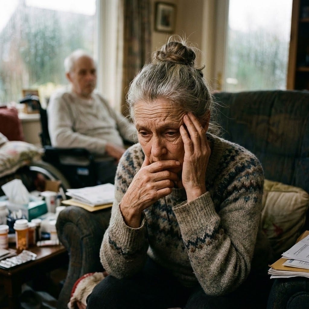 Can you please create a picture of an older woman in her sixties who is very stressed because she is the sole carer of her husband, who has multiple sclerosis? 