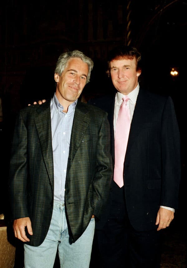 Mr. Trump standing with his hand on Mr. Epstein’s shoulder.