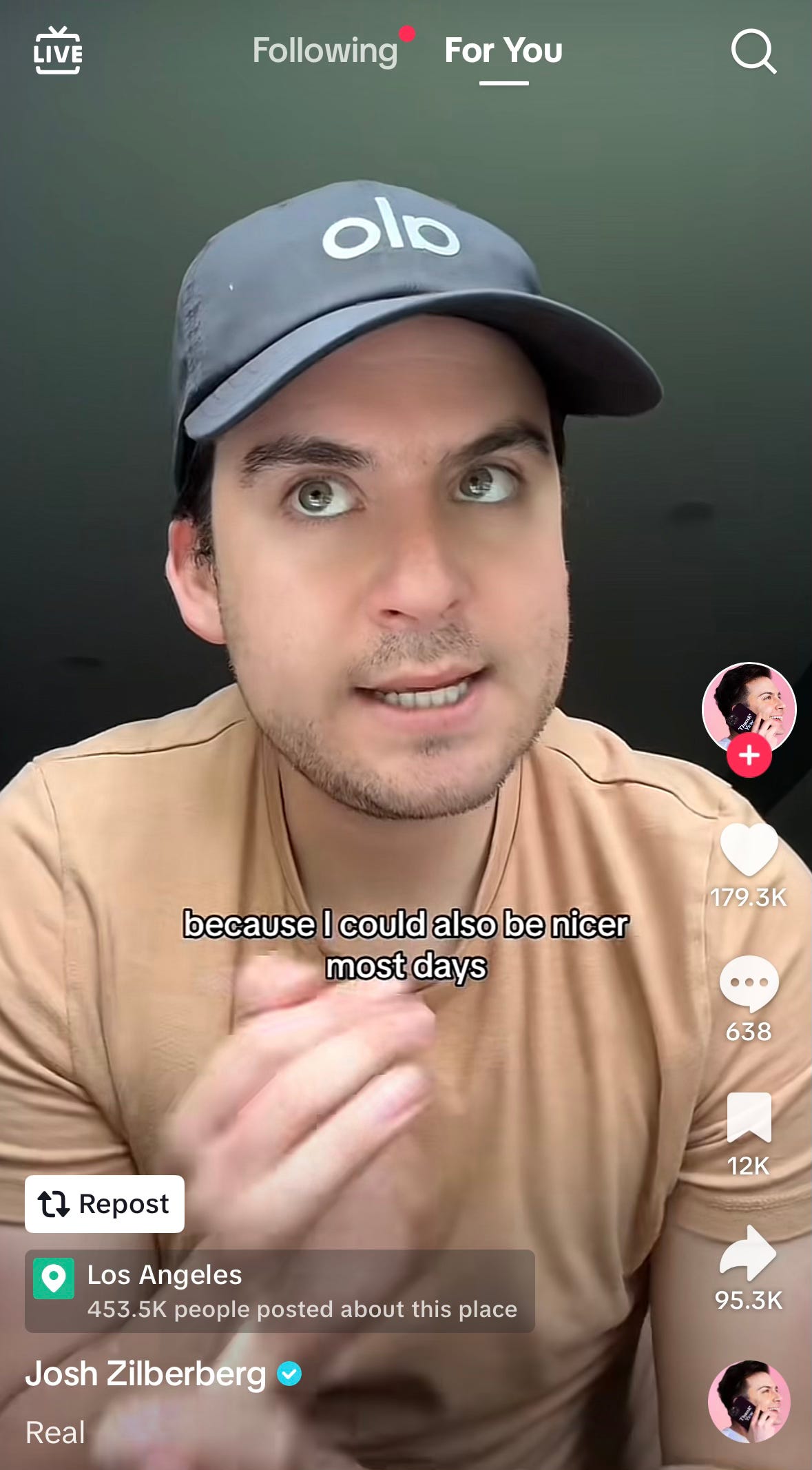 Screen capture of Josh Zilberberg saying he "could be nicer most days"