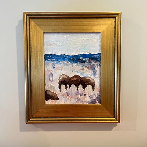 Three images, one is an abstract painting of buffalo, plus images of the book and the original painting that was used as a source.
