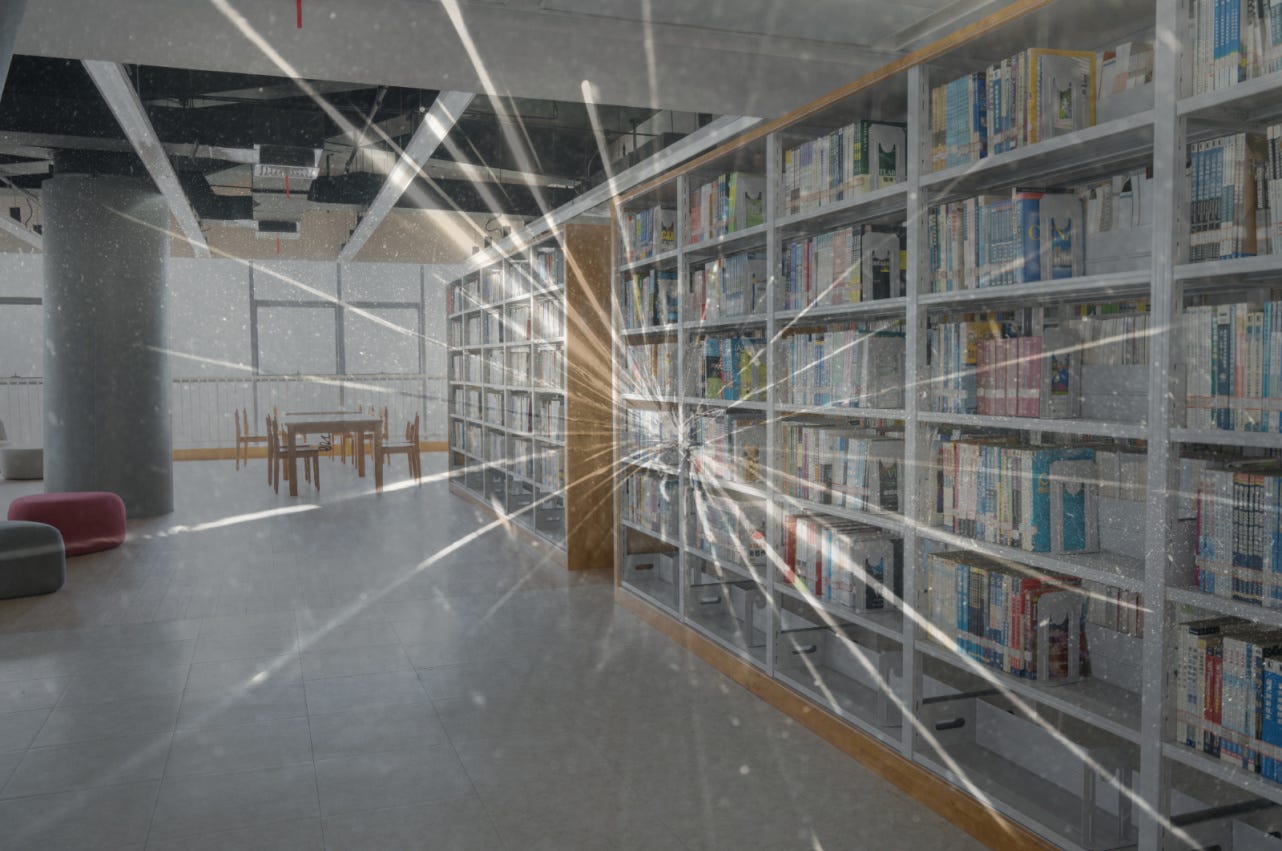 broken library window with bookshelves in background broken library window with bookshelves in background