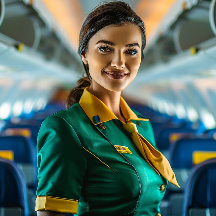 TransBrasil cabin crew uniform change: (L) Original 2010 version featuring crop top and short shorts; (R) More modest 2018 version.