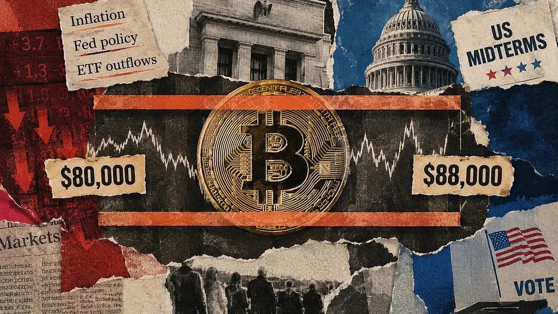 Bitcoin trades between $80,000 support and $88,000 resistance amid inflation, Federal Reserve policy uncertainty, ETF outflows, and US midterms.