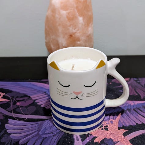 A gallery of candles made by The Chaos Kitchen including a red glass spiced cider, a lavender vanilla kitten mug, and a flower garden teacup.