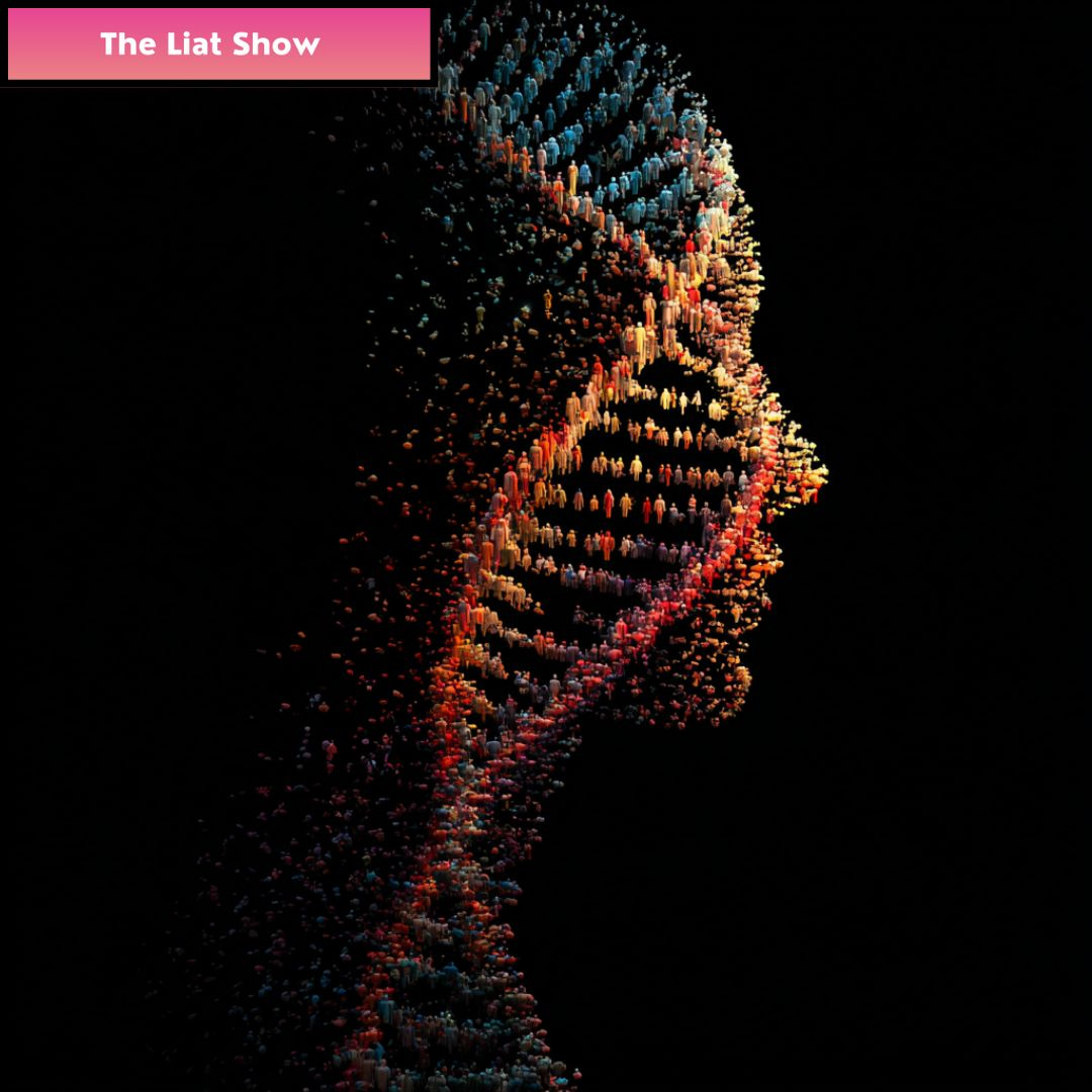 Liat Portal for The Liat Show: Profile in the Crowd / Side profile silhouette of a human face assembled from layered rows of tiny people arranged like a helix against a dark background, high contrast and textured.