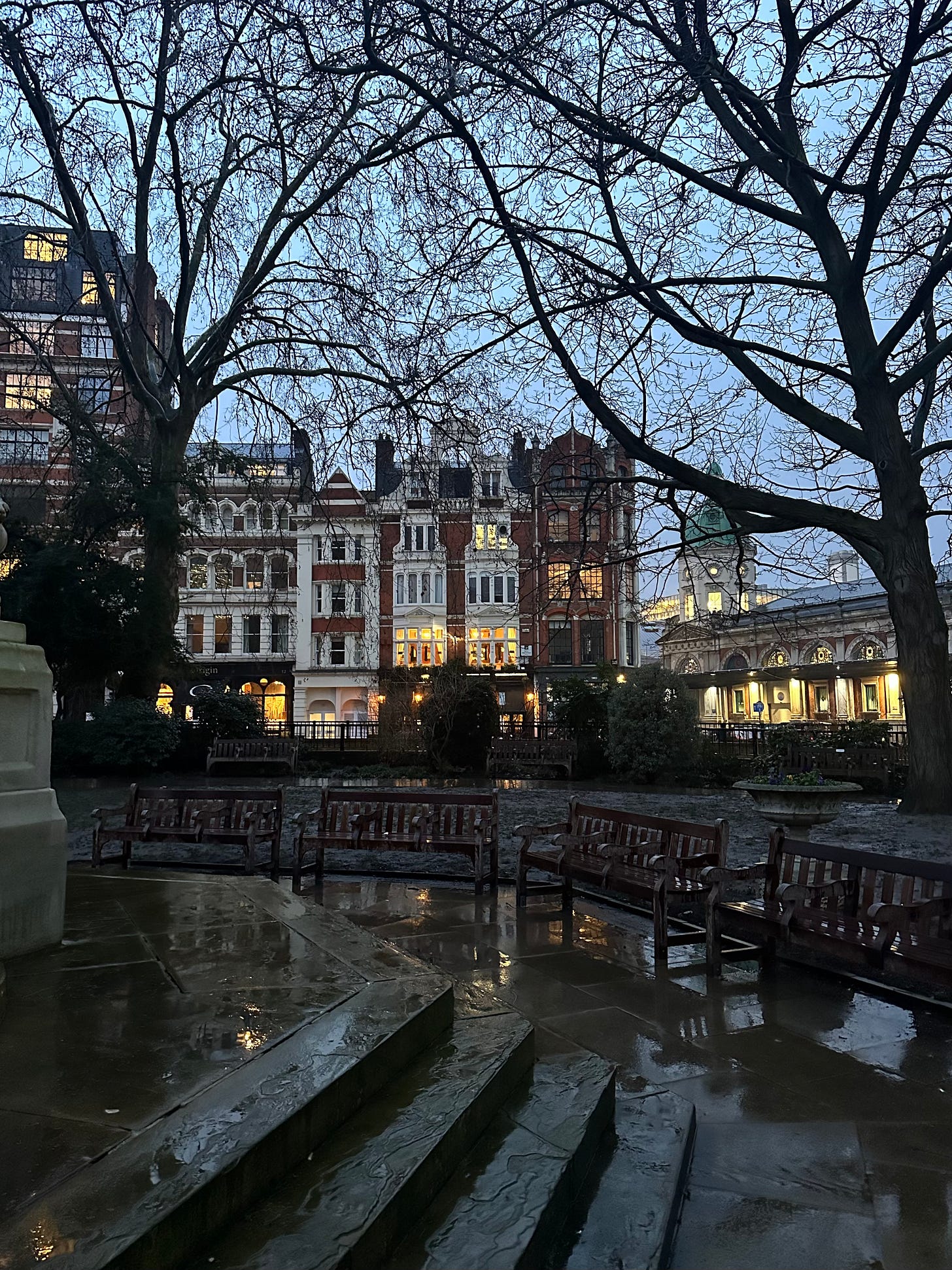 Rain-wet garden benches and stone steps in a small London park at dusk, bare winter trees framing softly lit historic buildings beyond.