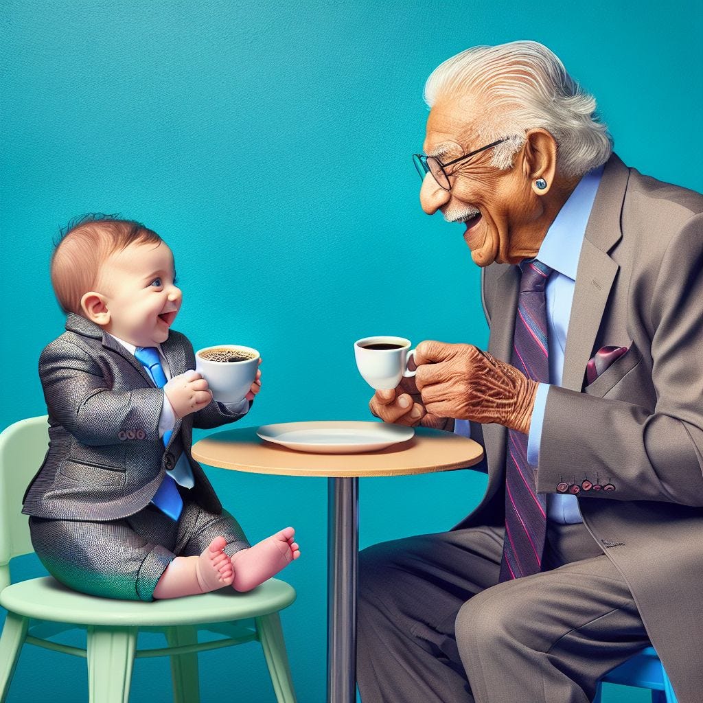 a baby and an old man - both in suits - having coffee and chatting