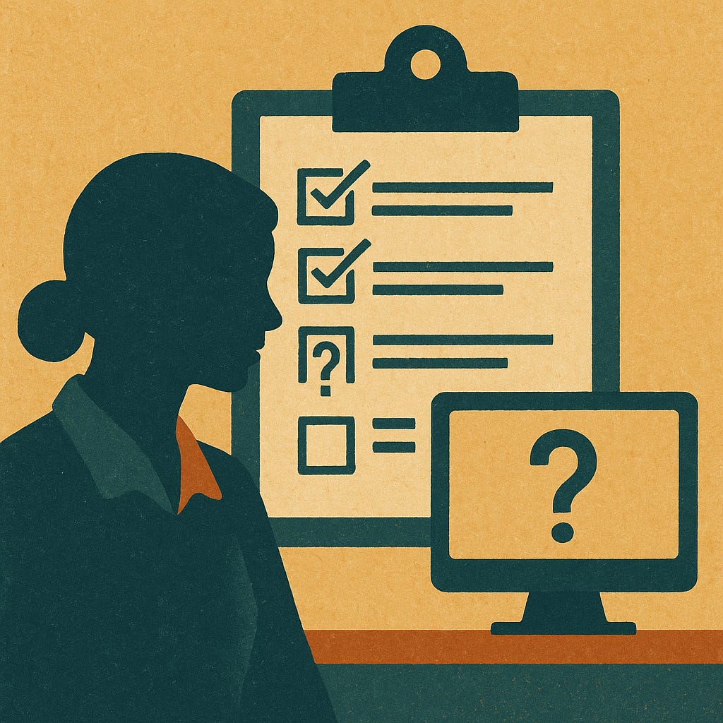 A stylized woman stands near a checklist and a monitor with a question mark, symbolizing algorithmic sorting and unseen complexity.