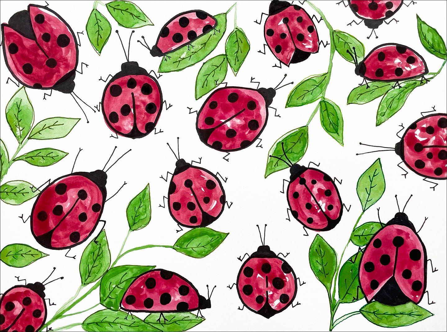 Watercolor painting of red ladybugs with black spots, crawling on green leaves