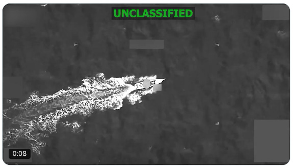 Screenshot from targeting video of a suspected drug smuggling boat in the Caribbean shortly before it was attacked by the US military on Sunday, April 19, 2026