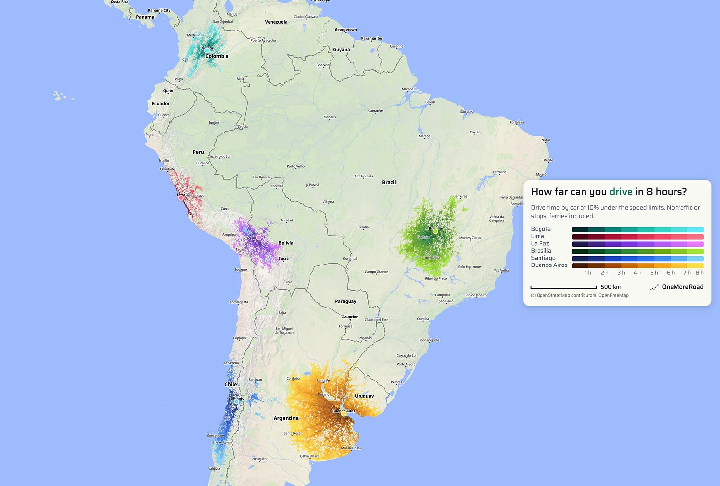 r/MapPorn - How far can you get in 8 hours of driving starting from 6 South American capitals