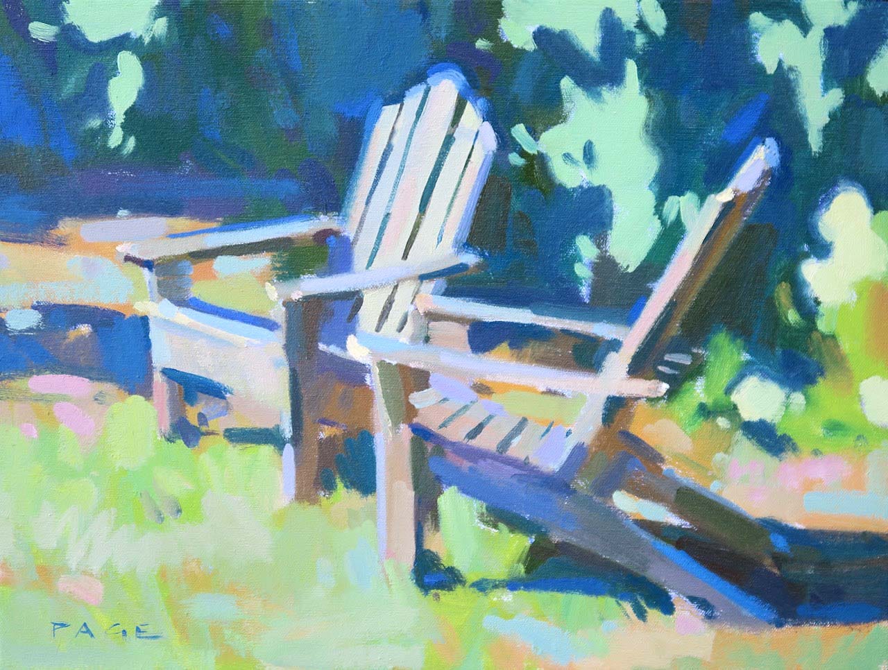 A painting of two chairs in the shade

Description automatically generated