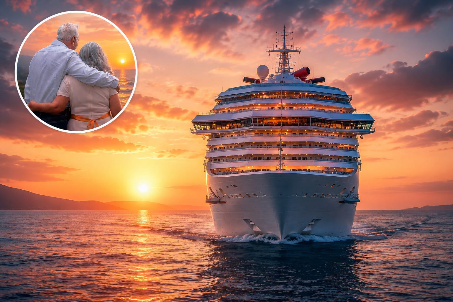 An ageing couple stand together beneath a glowing sunset as a towering cruise ship moves steadily across calm open water, capturing a quieter vision of retirement built around freedom, companionship, and life at sea. The image blends romance and scale, contrasting the intimacy of the couple with the vastness of the ocean and the floating city behind them. Warm golden light reflects across the water while the front facing perspective of the ship gives the scene a cinematic, almost dreamlike atmosphere about escaping routine and redefining what later life can look like. An ageing couple stand together beneath a glowing sunset as a towering cruise ship moves steadily across calm open water, capturing a quieter vision of retirement built around freedom, companionship, and life at sea. The image blends romance and scale, contrasting the intimacy of the couple with the vastness of the ocean and the floating city behind them. Warm golden light reflects across the water while the front facing perspective of the ship gives the scene a cinematic, almost dreamlike atmosphere about escaping routine and redefining what later life can look like.