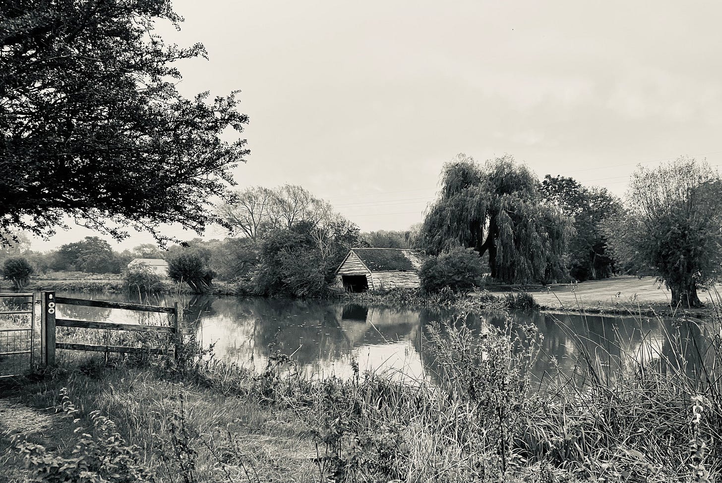 A river scene with boathouse in black and white
