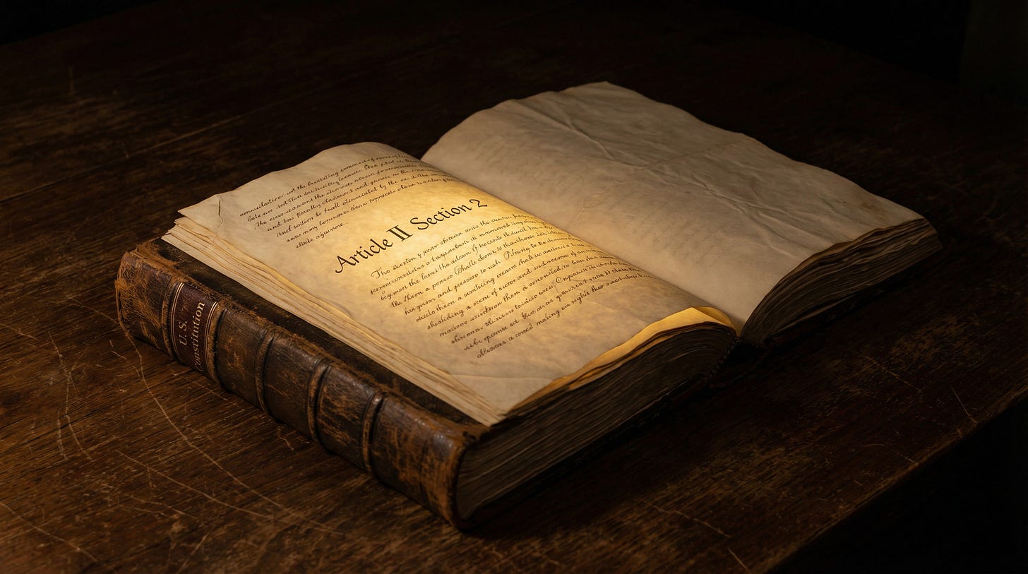 AI-generated illustration of a book titled, "U.S. Constitution," open to Article II Section 2, symbolizing the Constituonal authority of the boat strikes..