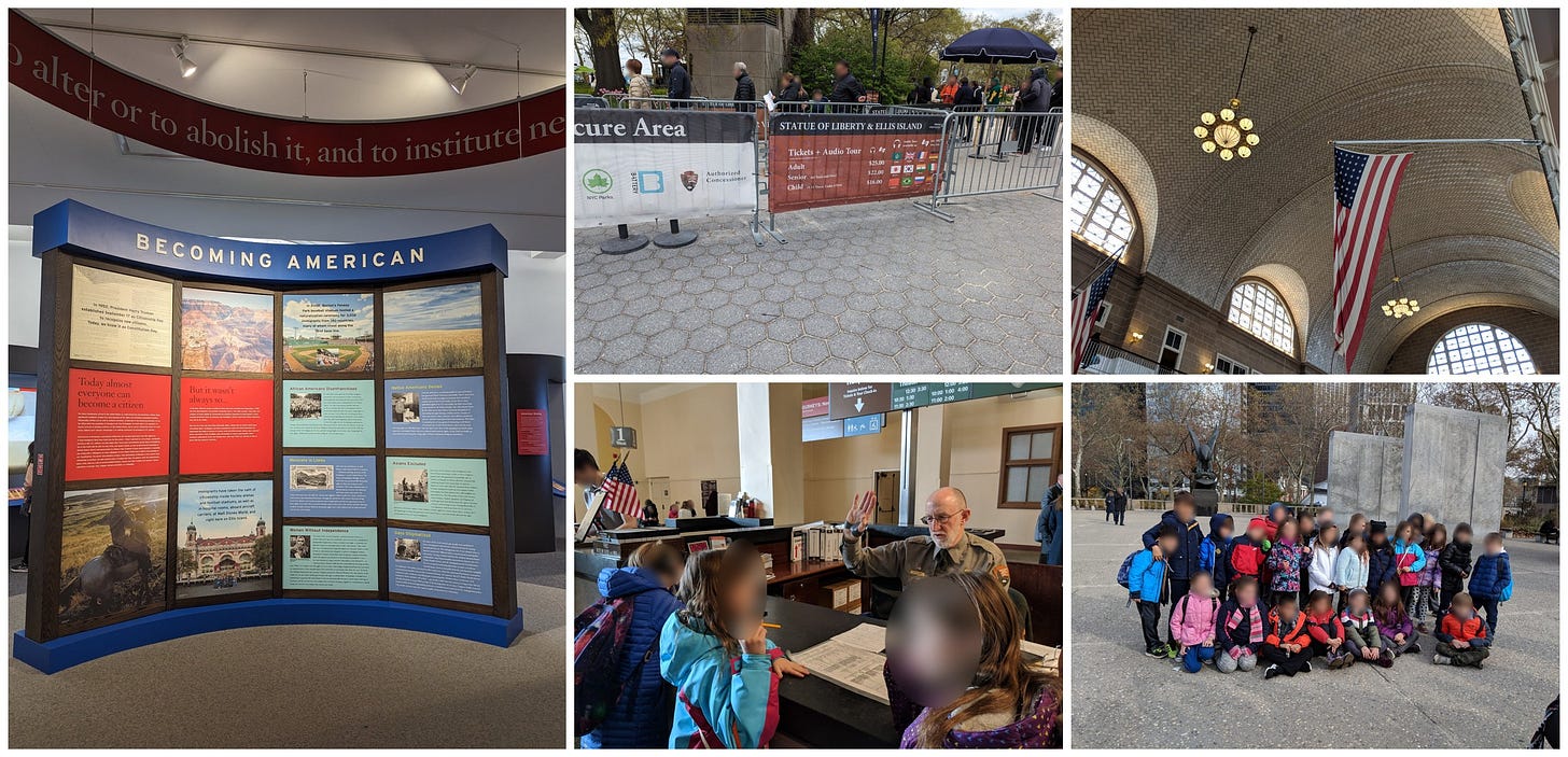 Ellis Island: the Becoming American exhibit, the ferry ticket line, the Great Hall, a park ranger with students, and a third grade class trip