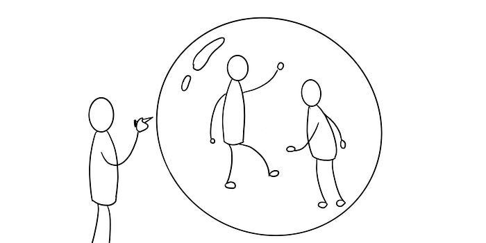 One person stands on the left and is about to burst a bubble, using a pin head. The huge bubble has two people floating inside. One person stands on the left and is about to burst a bubble, using a pin head. The huge bubble has two people floating inside.