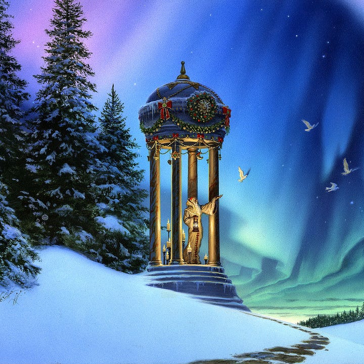 LEFT: Detail from NORTHERN LIGHTS featuring a pillared gazebo lit with candles and decorated with wreaths and ribbons. Holding a lantern a bearded man, wearing pale robes and red cap, sweeps his arm out at a snowy landscape. Doves flutter into sky painted with the waves of an aurora.   RIGHT: Close detail from NORTHERN LIGHTS featuring a man in pale robes surrounded by candles as he stands in a pillared gazebo. With a sweeping gesture, he releases a dove. The top of the thin structure where he stands is a rounded dome decorated festively with evergreen bands hung with golden ornaments of varying size, red bows trimmed in gold, and beautiful wreath bearing the face of a sun symbol at the center.
