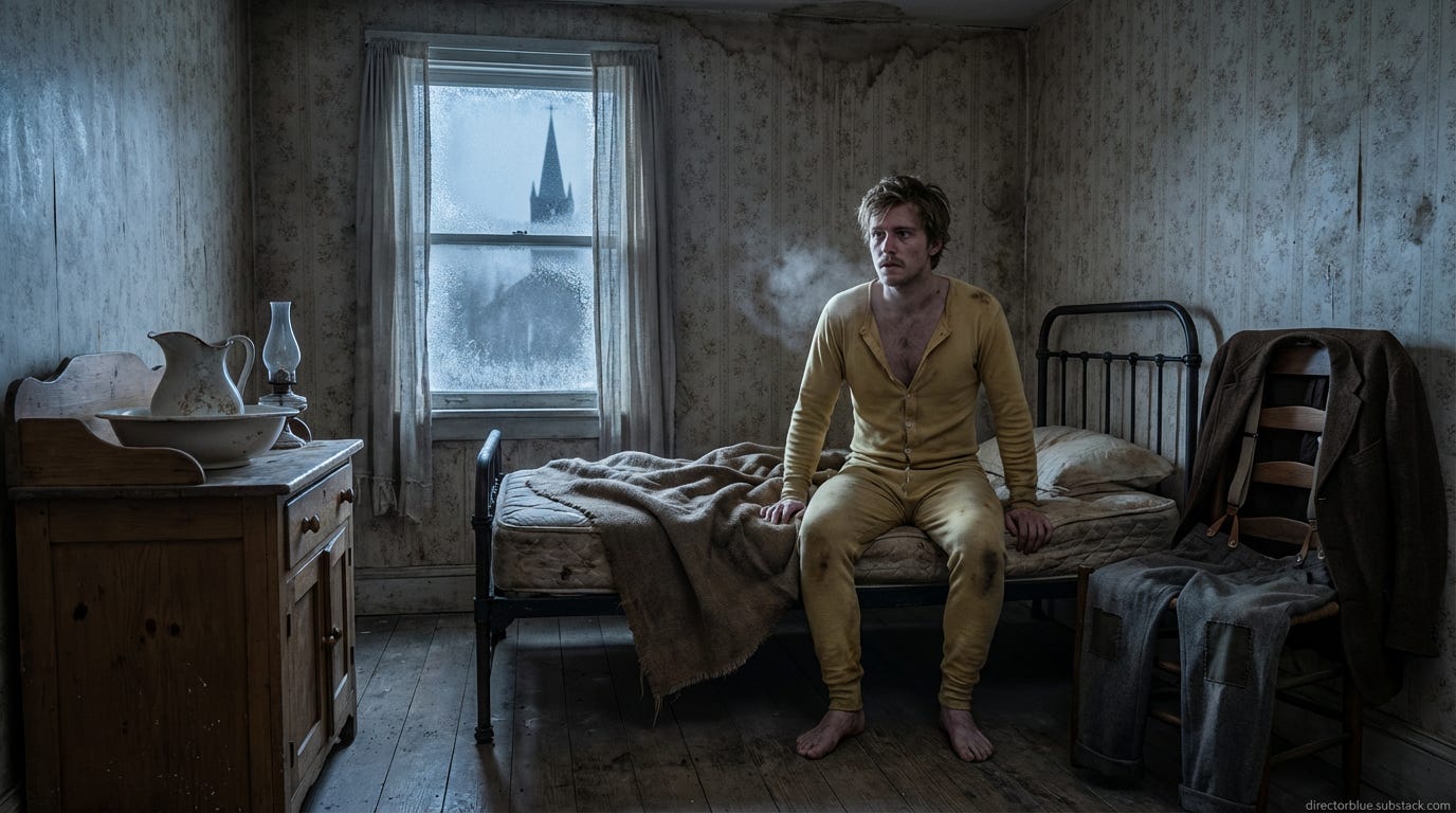 Photorealistic 16x9 photograph 1885 American interior Cramped boarding house bedroom at pre-dawn blue-gray winter light through single frosted window with torn muslin curtain Young white man 19 years old lean build angular face sandy brown h_image_1