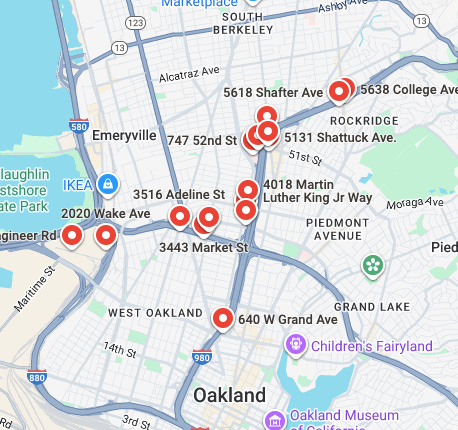 Figure 6. Map showing the alternate billboard locations approved by the city council on June 17, 2025, including locations along the Highway 24 freeway corridor in the Temescal and Rockridge districts. (Image source: Google Maps)