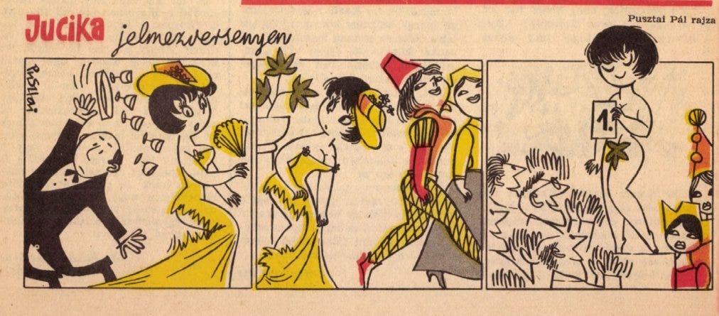 At a costume gala, a waiter steps on Jucika’s gown, ripping it. As other women in elaborate costumes pass by laughing, Jucika eyes a nearby potted plant. In the final panel, she stands nude on stage, covered only by a large leaf and a “1” sign, as the men cheer and the women look displeased. At a costume gala, a waiter steps on Jucika’s gown, ripping it. As other women in elaborate costumes pass by laughing, Jucika eyes a nearby potted plant. In the final panel, she stands nude on stage, covered only by a large leaf and a “1” sign, as the men cheer and the women look displeased.