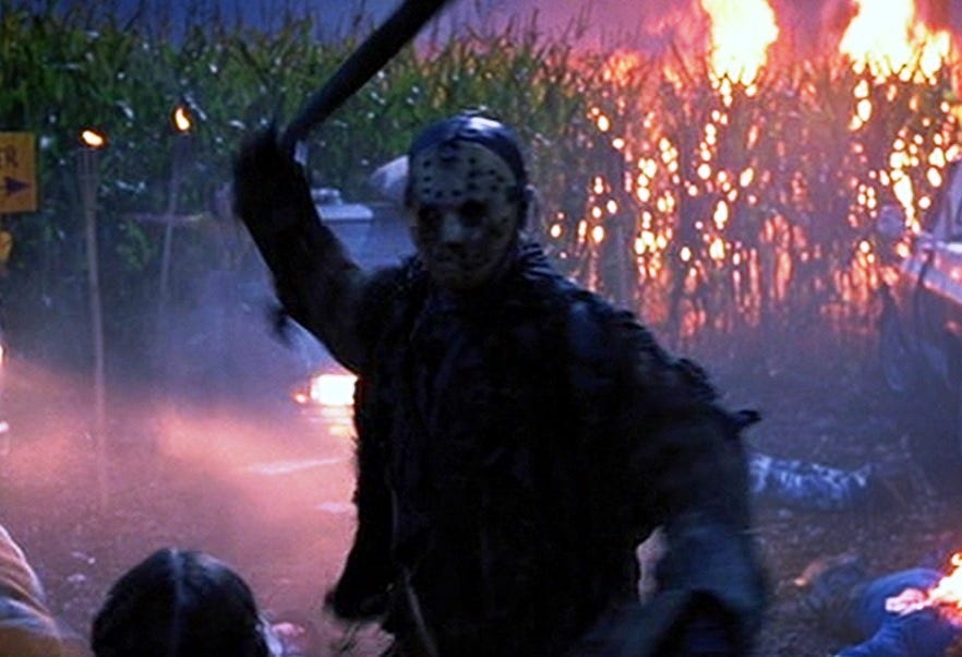 Freddy vs. Jason - Jason Voorhees on fire in cornfield party