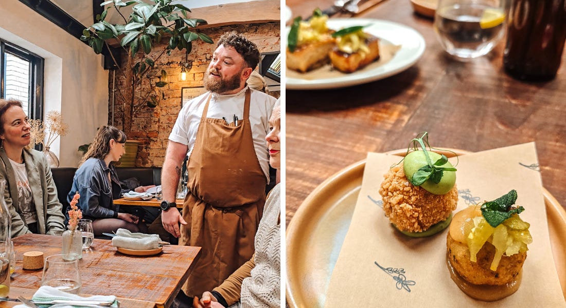 Two pictures - one of a man in a brown apron talking to a table of people, and one of a plate of croquettes