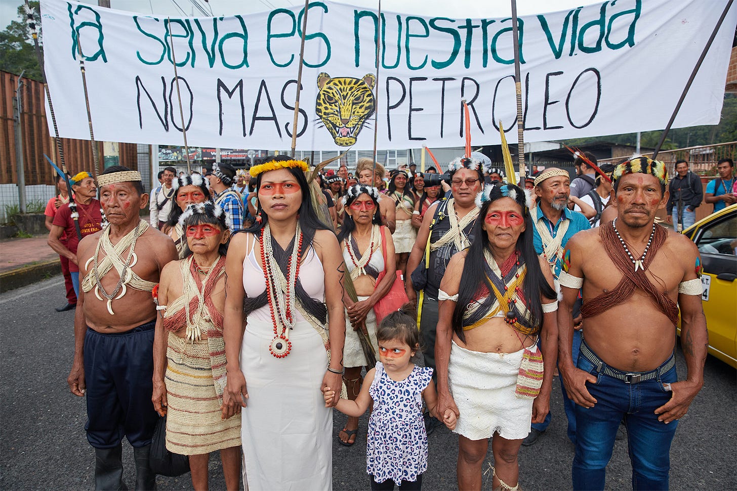 Waorani leader Nenquimo with the Pekinani, traditional leaders and warriors. In February 2019, they jointly mobilized after filing a lawsuit against the Ecuadorian government to protect their territory from oil drilling in Puyo, Pastaza and the Ecuadorian Amazon. Waorani leader Nenquimo with the Pekinani, traditional leaders and warriors. In February 2019, they jointly mobilized after filing a lawsuit against the Ecuadorian government to protect their territory from oil drilling in Puyo, Pastaza and the Ecuadorian Amazon.