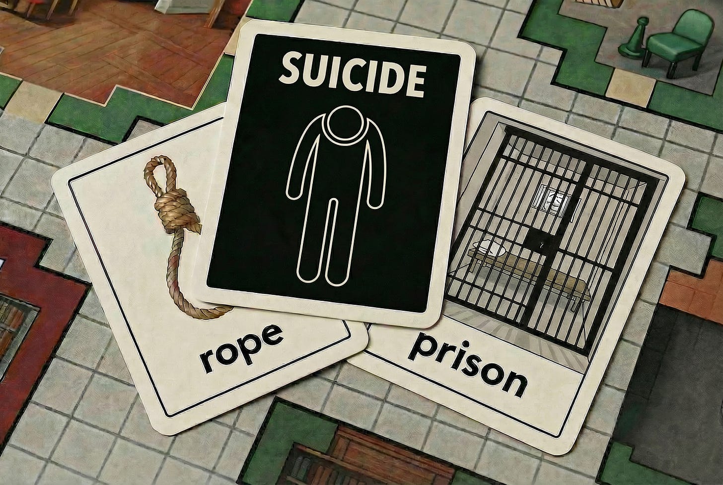 Trio of cards lying on the Clue game board — Rope and Prison cards overlapped by a black “Suicide” card Trio of cards lying on the Clue game board — Rope and Prison cards overlapped by a black “Suicide” card