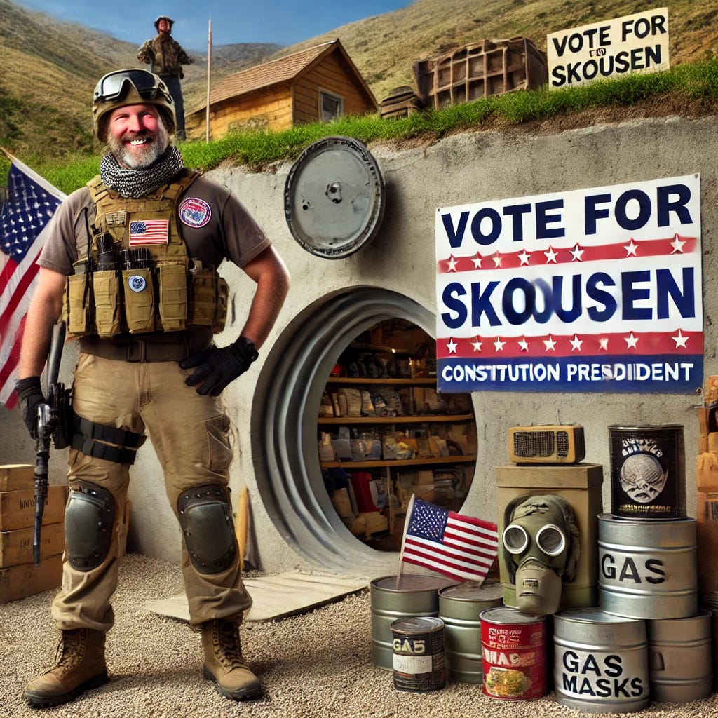 A humorous satirical image of Constitution Party presidential candidate Joel Skousen, a survivalist and consultant, standing in front of a well-fortified underground bunker with a large 'Vote for Skousen' sign. Skousen, wearing tactical gear, a confident smile, and holding a shovel in one hand, stands beside stacks of canned food, gas masks, and a ham radio. In the background, a few supporters in camouflage wave flags. The overall setting is rugged, with mountains and a secure trapdoor entrance to the bunker visible. The sky is clear, and the mood is lighthearted and comedic.