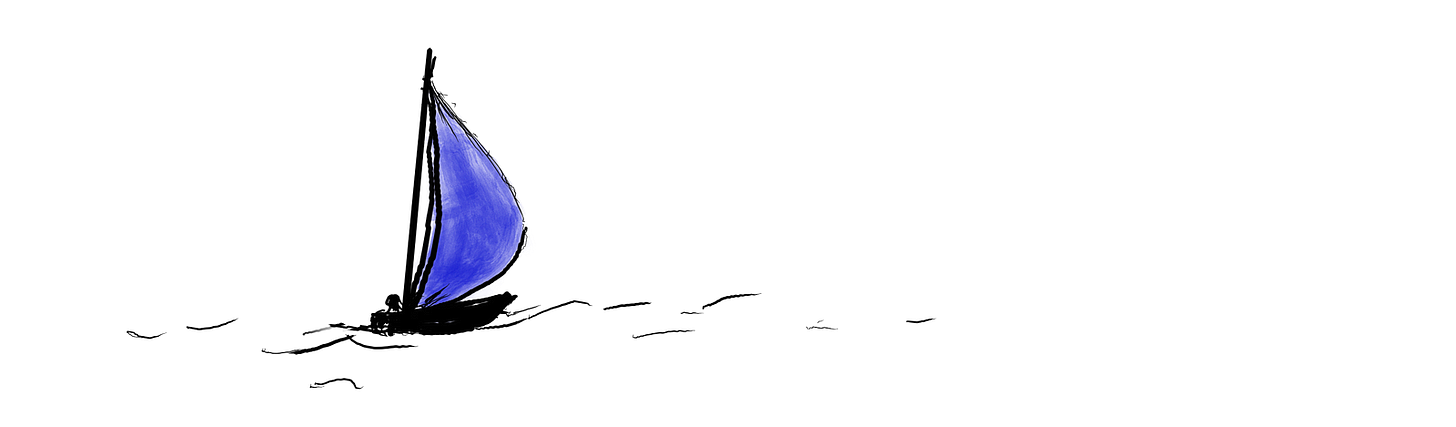 A sketch of a sailboat, black and white except for a blue sail