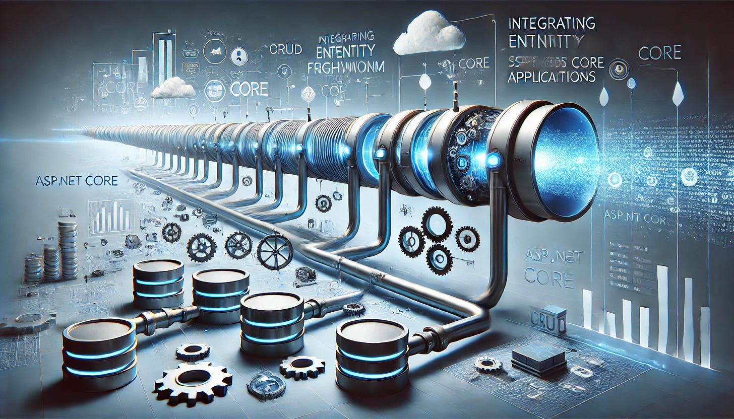 Visual representation of integrating EF Core with ASP.NET Core in a smooth data pipeline. Visual representation of integrating EF Core with ASP.NET Core in a smooth data pipeline.