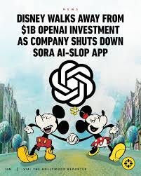 Disney is exiting a $1 billion partnership with OpenAI after it was  announced the tech company would be shutting down its Sora generative video  app. Link in bio for more.