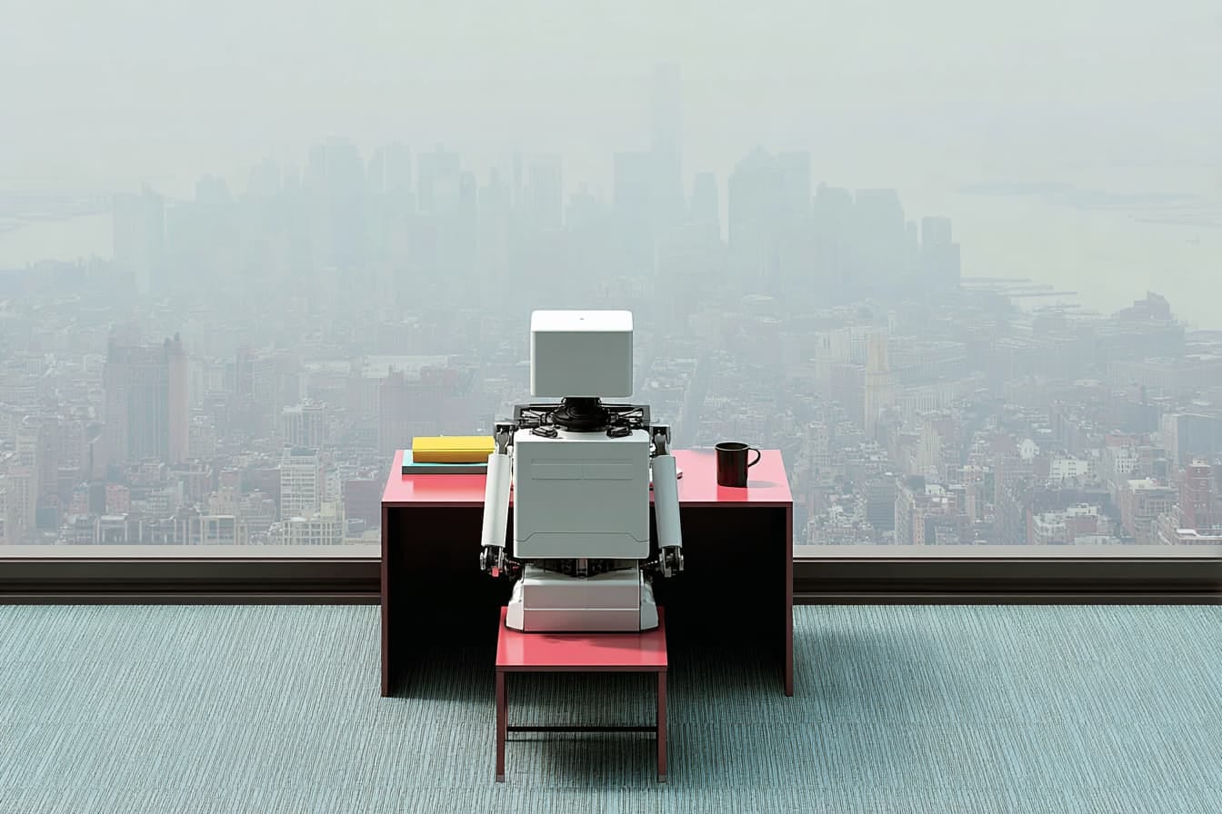 illustration of a robot sitting at a desk looking out over a city