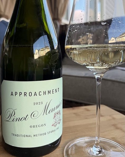 Three wines reviewed: Tiberio Cerasuolo d'Abruzzo poured in a deep pink glass beside its bottle, Approachment 2023 Pinot Meunier Traditional Method Sparkling in a stemmed glass, and Abbey Road Farm 2023 Estate Aligoté poured alongside a plate of dumplings