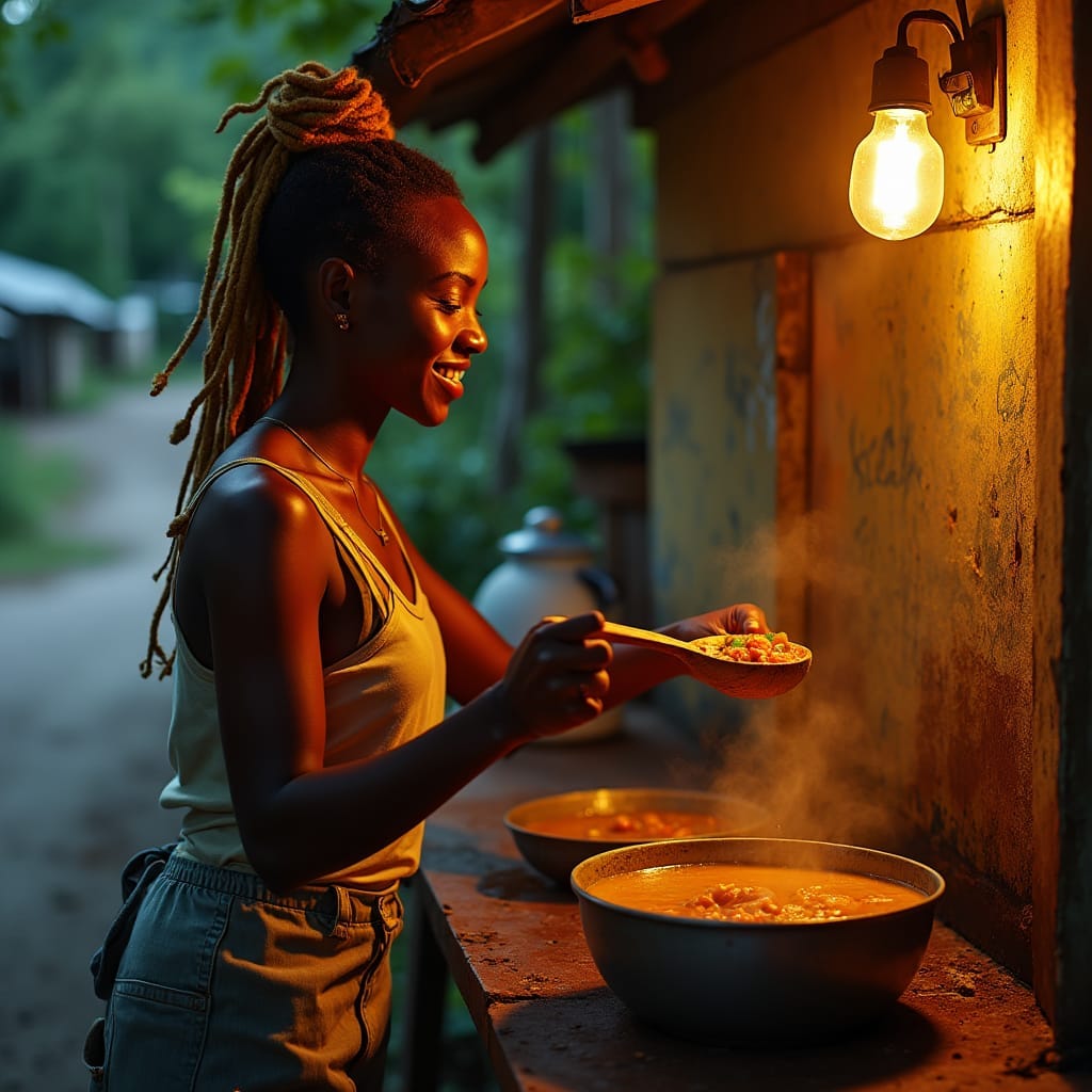 Warmly lit, worn plywood and rusted zinc restaurant on the side of a rural Jamaican road, with a stunning mixed-raced woman, adorned with vibrant dreadlocks, lovingly serving steaming soup from a large, wooden spoon, her bright smile illuminating the scene. Inspired by the cinematic styles of Roger Deakins, Emmanuel Lubezki, and Maryse Alberti