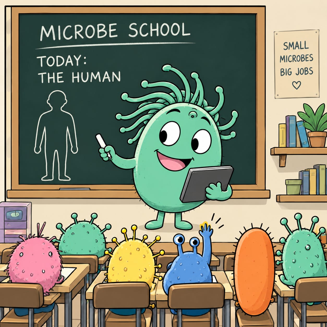 Omie teaches a classroom full of curious microbes about humans.