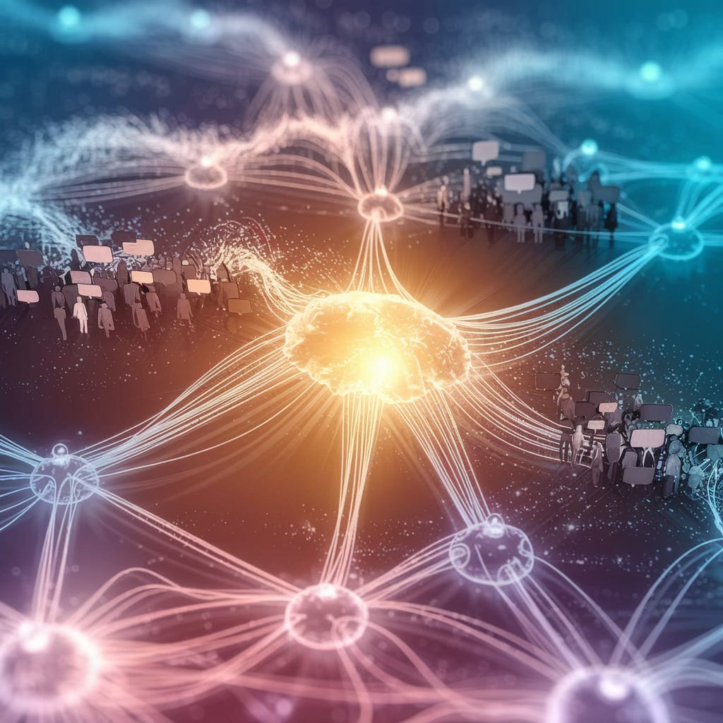 A digital illustration showing a neural network with a bright, golden central node radiating energy to surrounding nodes. The network is set against a blue-teal gradient background, with silhouettes of people with speech bubbles gathered in clusters around the edges. Glowing connection lines link the nodes, creating a dynamic pattern of influence and transformation. The warm golden light from the central node transitions to cooler blue tones at the periphery, suggesting the spread of knowledge and adoption throughout an organization.