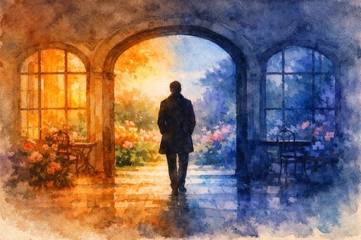 A person in a doorway between two rooms with different colored windows, showing how the same garden appears different through each lens.