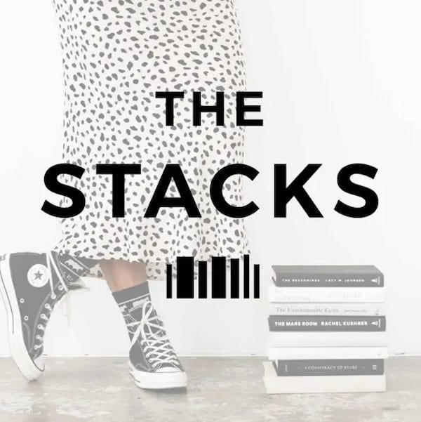 the stacks podcast icon image (a Black woman from the waist down wearing a skirt and converse sneakers beside a stack of books)