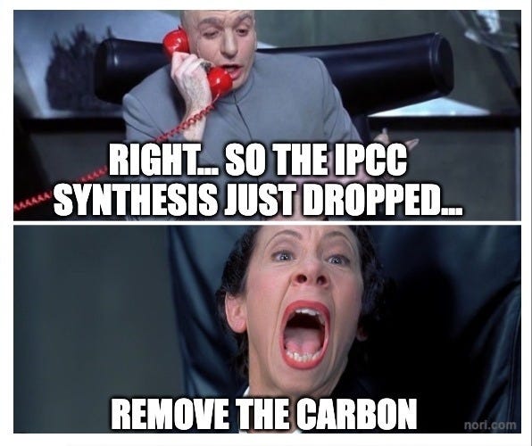 Two Austin Powers stills. Dr Evil on a red phone: "Right... so the IPCC synthesis just dropped..." Frau Farbissina screaming: "Remove the carbon!"