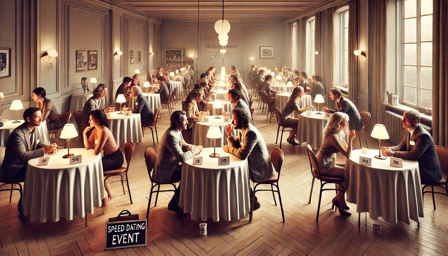 A highly realistic, photograph-style image depicting a lively speed dating event. The scene shows multiple small tables arranged in a cozy, well-lit room with soft, ambient lighting. Each table is occupied by a man and a woman engaged in conversation, with name tags and small timers visible on the tables. The participants are of diverse ages and ethnicities, dressed stylishly for the occasion, with a mix of laughter, curiosity, and nervous excitement visible on their faces. The background includes subtle details like a banner with 'Speed Dating Event' and refreshments on a side table, creating an inviting and sociable atmosphere. The overall composition captures the dynamic and interactive nature of the event.