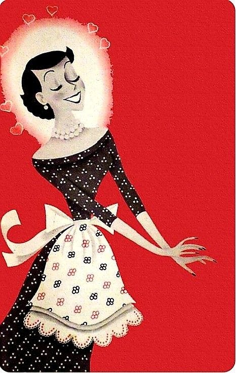 This may contain: a painting of a woman wearing a dress with polka dots and hearts on the skirt