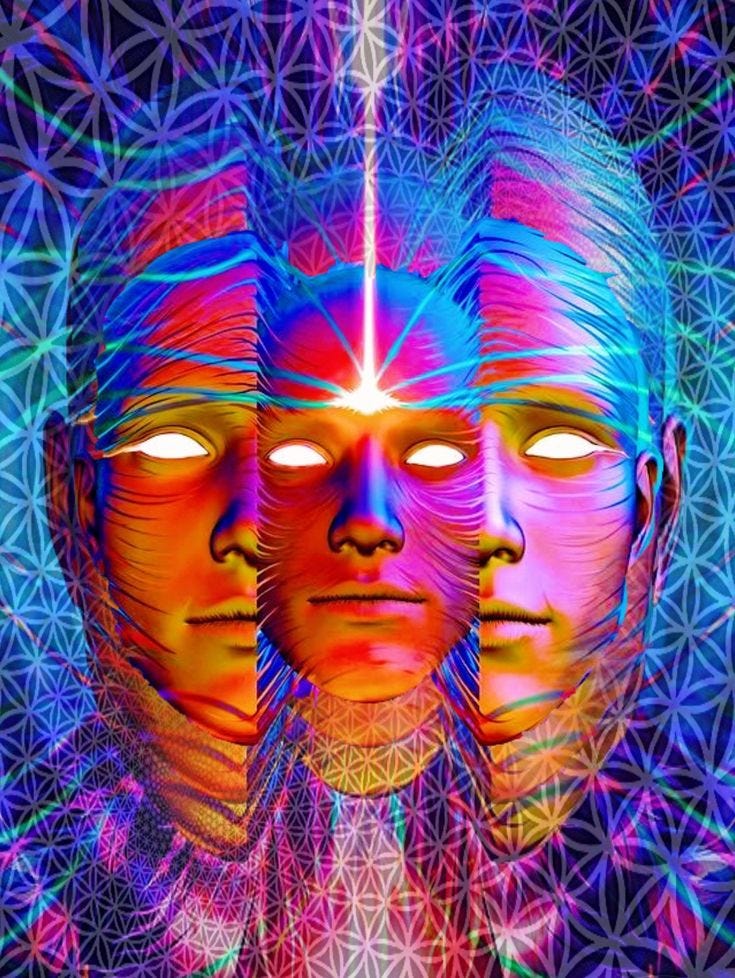 This may contain: three faces with different colored lines and shapes on them, one is looking at the camera