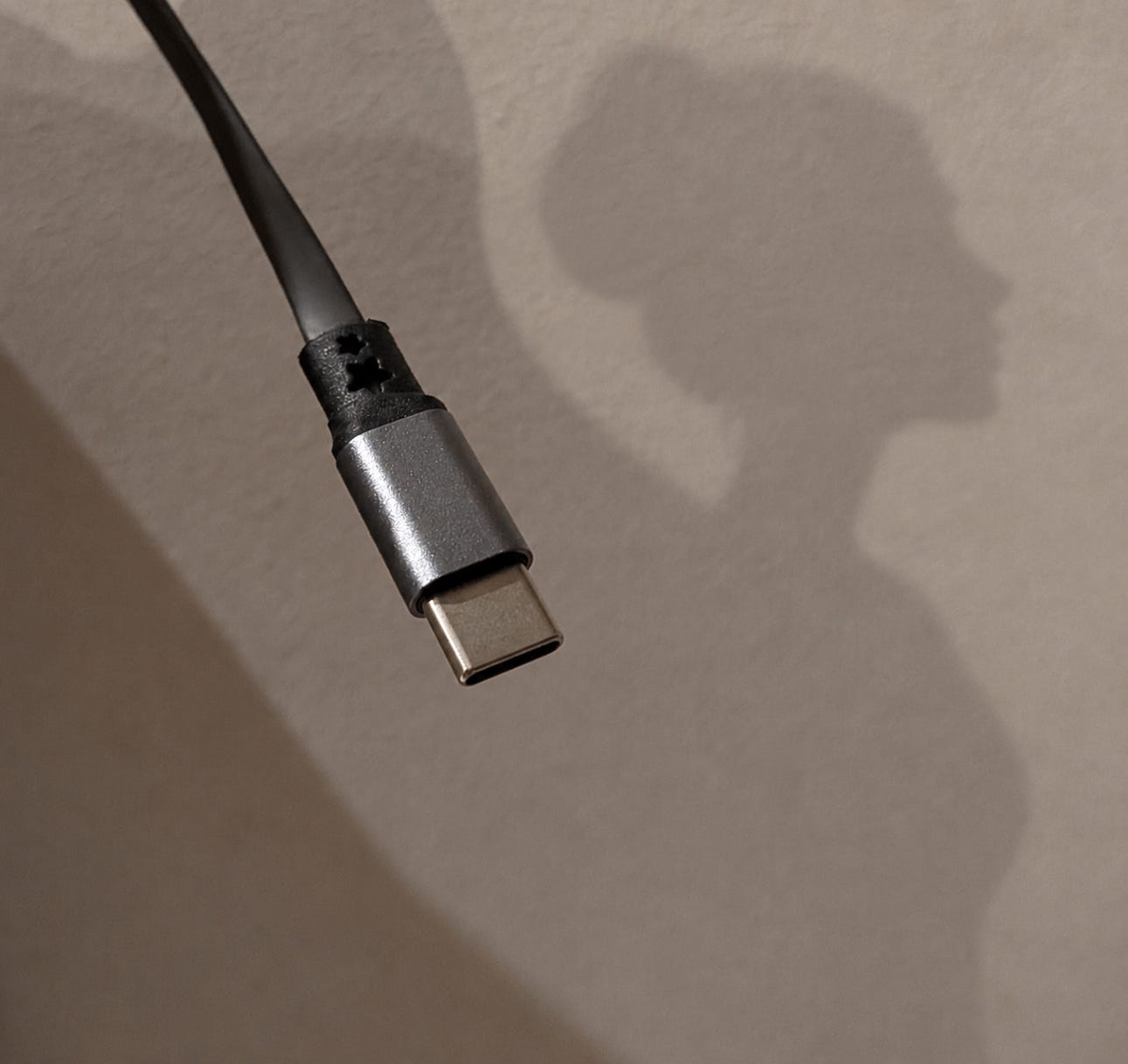 Photograph of a USB-C cable, with the shadow of a woman's head and torso on the wall in the background. There are tiny stars in the housing of the cable